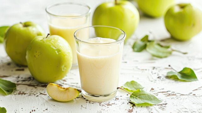 Isolated glass of kefir and green apples on a white background