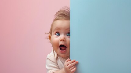 Wall Mural - Surprised baby peeping with plain background