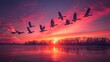 Flock Of Birds Flying In Formation Against A Colorful Sunset Sky