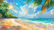 A beautiful tropical beach with palm trees and a blue sky, sunshine, sand on the shore with waves in the sunlight. A summer vacation background