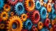 Interconnected Gears, Various Colors, Working Together In Harmony