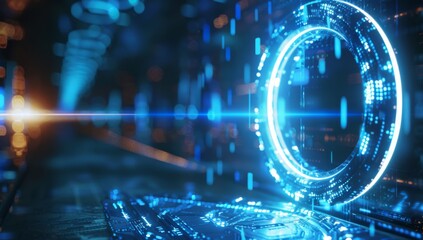 Wall Mural - abstract futuristic background with blue glowing neon light ring and space portal Generative AI