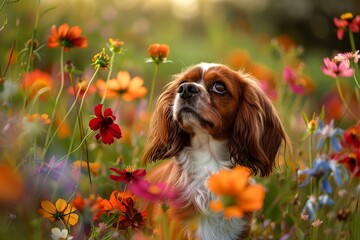 Sticker - A regal brown and white dog sits elegantly in a vibrant field of colorful flowers, A majestic dog posing regally in a field of colorful flowers