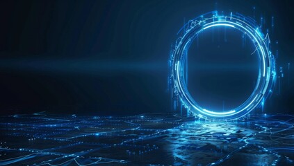 Wall Mural - abstract futuristic background with blue glowing neon light ring and space portal Generative AI
