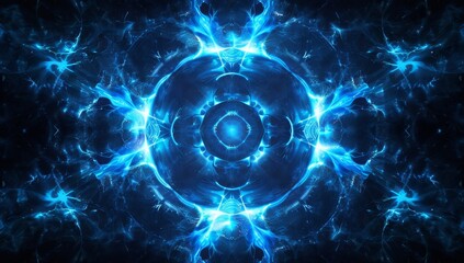 Wall Mural - abstract blue glowing background with circular shapes and lightning effects, symmetrical composition Generative AI