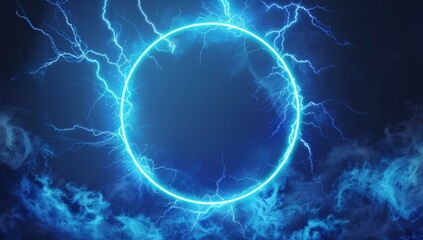 Wall Mural - Abstract blue neon light background with a glowing circular frame and thunder glow effect Generative AI
