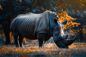 Poster - A rhinoceros feeds on grass in a field, surrounded by trees in the background, A majestic rhinoceros grazing in the grass