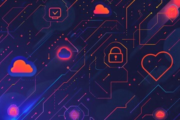 Poster - a simple pattern illustration for a cloud and cyber security hero banner, icon based, firewall, shield, cloud, storage, access control