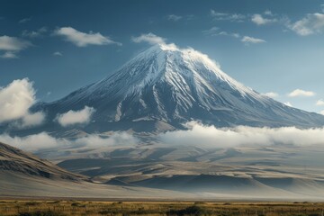 Poster - A very tall mountain peak covered in snow with dense clouds swirling around it in the sky, A majestic snow-capped mountain rising in the distance