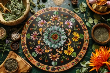 Sticker - Various types of colorful flowers arranged on a table in a mandala design, A mandala design incorporating various herbs known for their healing properties