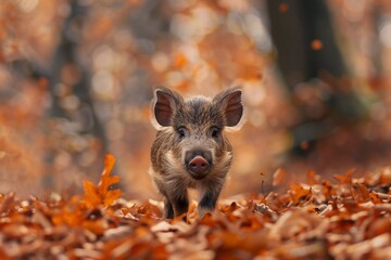 Close baby wild boar in autumn forest


