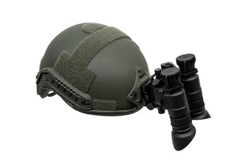 Night vision device attached to the helmet. A special device for observing in the dark. Equipment for the military, police and special forces.  Isolate on a white background.