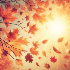 Wall Mural - Autumn background with orange and red leaves falling from a tree in sunlight