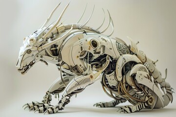 Sticker - A robot-like animal made of mechanical parts stands in a futuristic setting, A mechanical creature resembling a hybrid of animal and machine, with intricate details and moving parts