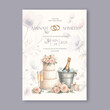Watercolor wedding invitation with ice bucket, champagne and wedding cake.