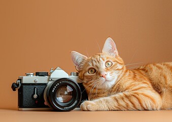 cat with a camera on a brown background, close-up