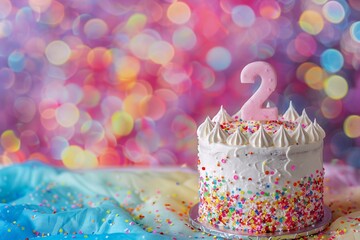 Sweet Birthday cake with number 2 on top on colorful bokeh background, 2th years old happy birthday Cake, copy space