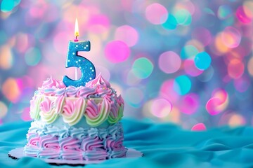 Sweet Birthday cake with number 5 on top on colorful bokeh background, 5th years old happy birthday Cake, copy space