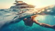© Joyce - A person is swimming in sea water with a yacht in background.