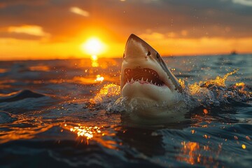 Wall Mural - A magnificent great white shark rises from the water, backlit by a striking sunset, displaying its fearsome teeth