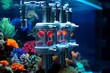 Ocean pH Regulators Illustrate devices deployed in the ocean that regulate water pH levels to combat acidification, protecting marine life and coral reefs