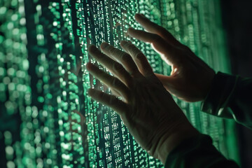 Wall Mural - a pair of hands are reaching out to touch a green screen with a lot of numbers o