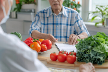 Wall Mural - A man and a woman are sitting at a table with a variety of vegetables