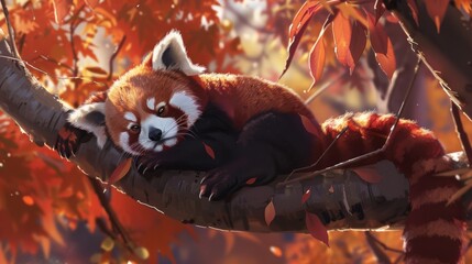 Portrait of red panda Ailurus on tree in wild forest in Autumn with colorful foliage.