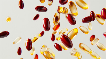 Poster - photo of red and yellow medicine capsules fall down on a light white studio background