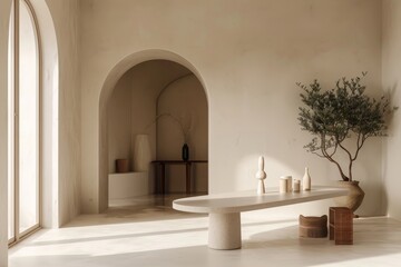 Wall Mural - A room featuring a white table and a potted plant, A minimalist design inspired by Mediterranean cuisine