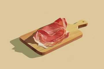 A slice of prosciutto meat resting on a wooden cutting board, A minimalist illustration of a single prosciutto slice on a cutting board