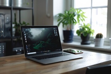 Sticker - A laptop computer with a seamless touchscreen resting on a wooden desk, A minimalist laptop with a seamless touchscreen interface