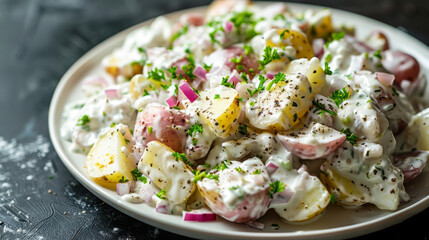 Delightful traditional estonian potato salad garnished with fresh herbs, served on a rustic plate with a dark background