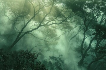 Wall Mural - A foggy forest filled with numerous trees, engulfed in mist and low visibility, A misty forest shrouded in ethereal light