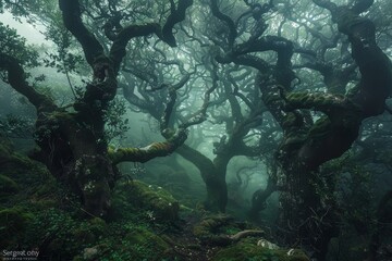 Poster - Dense fog covering numerous trees in a forest, A misty morning hike through a mystical forest filled with ancient trees