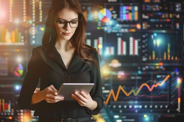 Sticker - Modern businesswoman wearing glasses is focused on a tablet screen in hand, A modern businesswoman holding a tablet, surrounded by graphs and charts