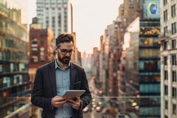 Sticker - Modern entrepreneur standing on balcony, using digital tablet, A modern entrepreneur with a digital tablet in hand, surrounded by a bustling cityscape