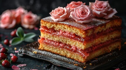   A detailed photo of a cake with flowers surrounding it, including two roses on one side