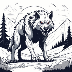 Werewolf or wild wolf stands in the forest at night with orange eyes. Vector black and white illustration of an angry wild dog family animal