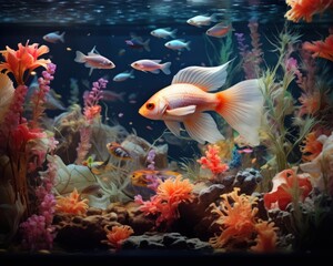 Poster - Fish in freshwater aquarium with beautiful planted tropical. Colorful back