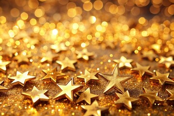 Wall Mural - Golden stars on golden glitter background. Christmas and New Year concept. AI generated
