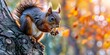 Squirrel storing food on tree trunk in forested park. Concept Squirrel Behavior, Nature Photography, Wildlife in Urban Parks, Tree-Climbing Animals