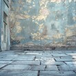 Blue distressed wall and stone flooring