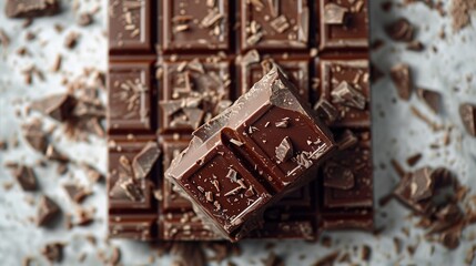   Close-up of chocolate bar with pieces in foreground and background