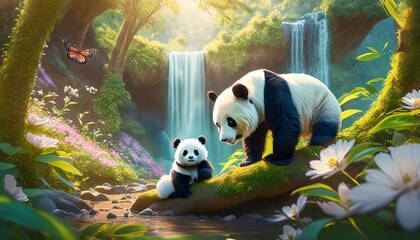 Wall Mural - A sweet panda and baby panda