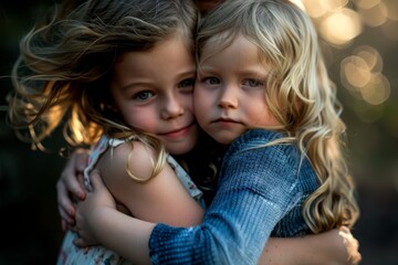 Sticker - Two young girls in an affectionate hug, A mother hugging her children tightly