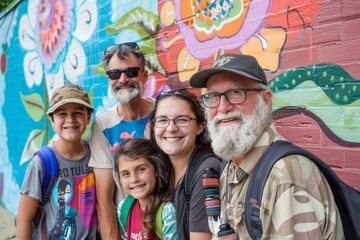 Canvas Print - Group of people posing for a photo in front of vibrant, colorful wall, A multi-generational family posing for a photo in front of a colorful mural