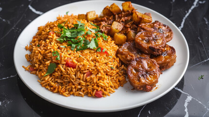 Wall Mural - Authentic ghanaian cuisine featuring spicy jollof rice, fried plantains, and tender chicken, garnished with fresh parsley on a white plate