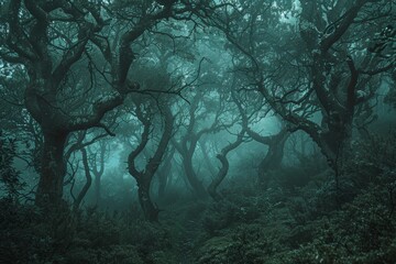 Wall Mural - A dense forest covered in fog with numerous trees shrouded in mist, A mystical forest where trees whisper secrets of the latest podcast episodes