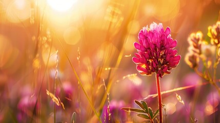 Poster - Magenta flower with golden grass in a sunlit meadow with a blurred backdrop